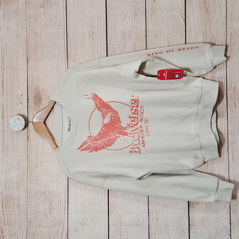 NWT Budweiser Eagle Crewneck Pullover Sweatshirt Sweater XS Tan Red